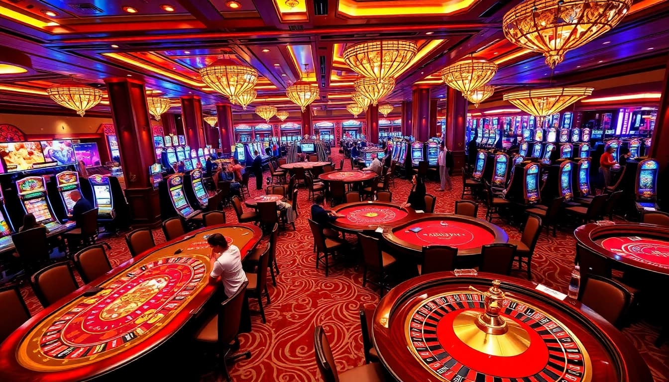 Players enjoying dynamic casino games at nk88, showcasing vibrant tables and a luxurious atmosphere.