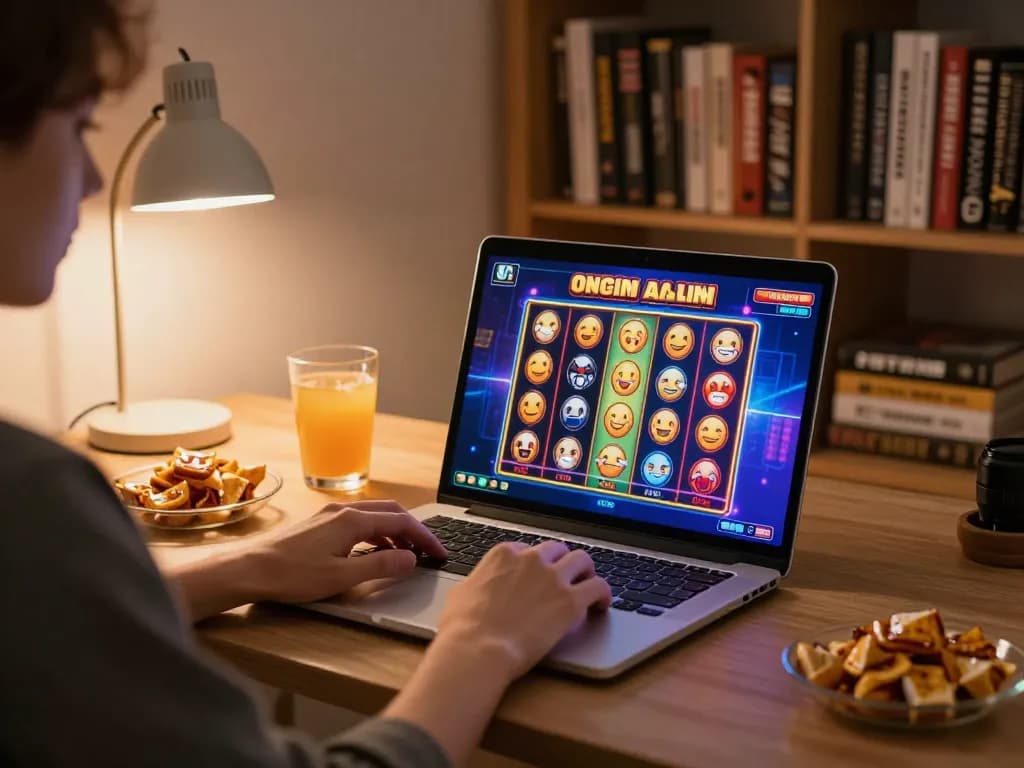 Engaging scene of a player enjoying MMOO online slots on laptop at home, focusing on the vibrant gaming interface.