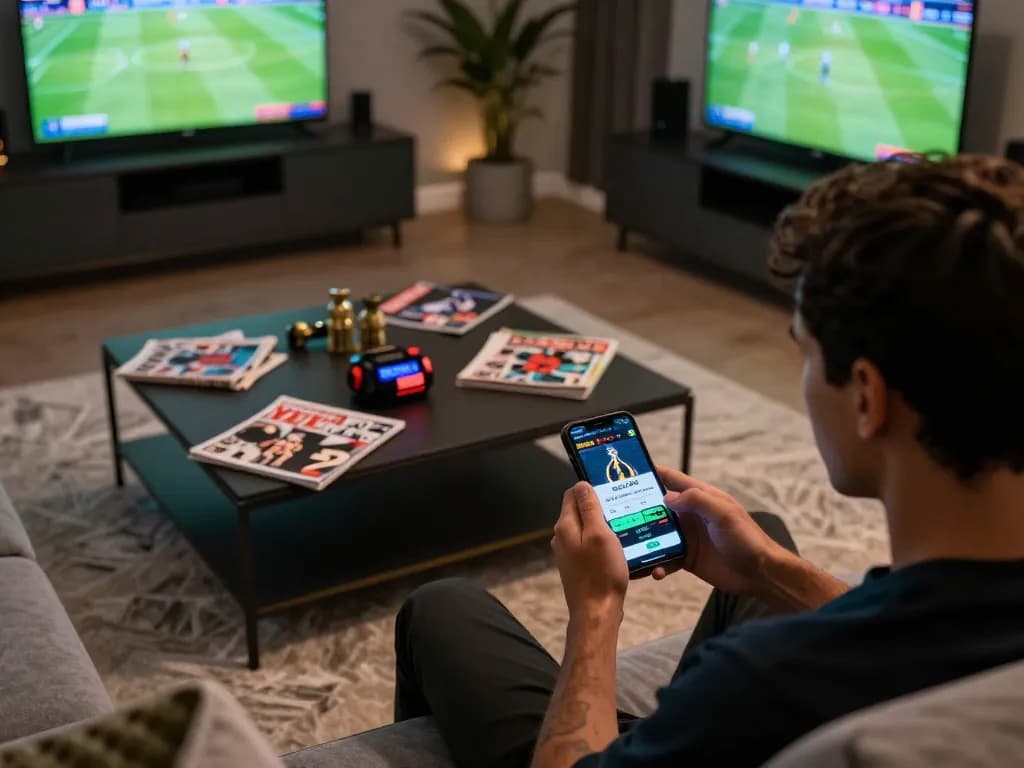Betting with goal123 on a smartphone while watching live sports at home, creating an exciting gaming atmosphere
