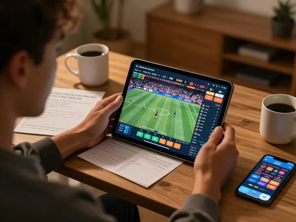 Engaging sports betting experience at home with ta88 app on tablet and betting notes.