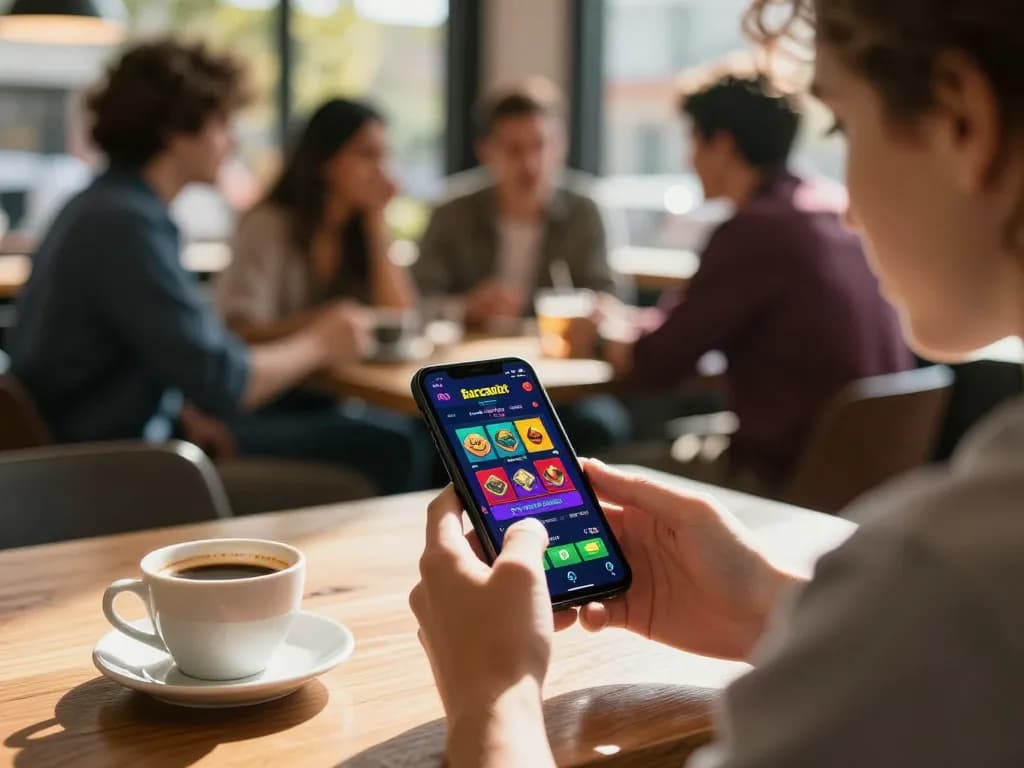 Berinteraksi dengan aplikasi mobile barcaslot saat kunjungan santai di kafe, menampilkan antarmuka permainan yang cerah.