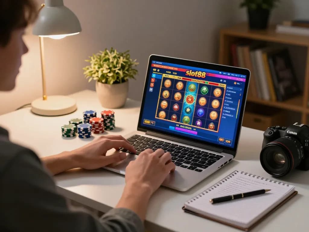 Playing slot88 online with strategic bankroll management notes beside the laptop in cozy home setup