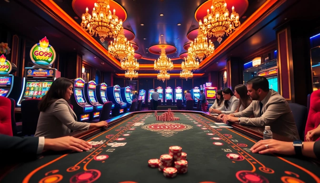 Experience the thrill of GO99 at an upscale casino table with vibrant gameplay elements.