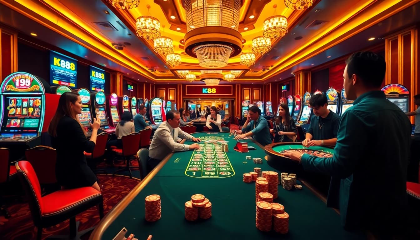 K88 casino players enjoying a thrilling card game at an elegant table in a vibrant ambiance.
