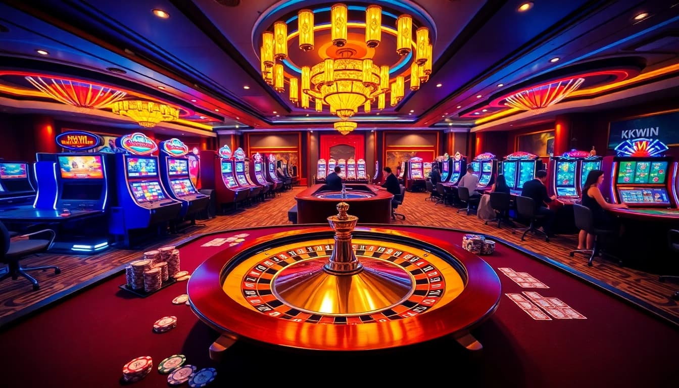 Exciting casino scene at https://kkwinzz.com/ with roulette wheel and vibrant slot machines.
