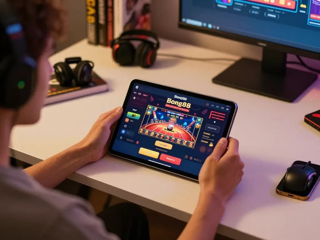 Bong88 user engaged with online casino app during gaming session, showcasing vibrant virtual atmosphere.