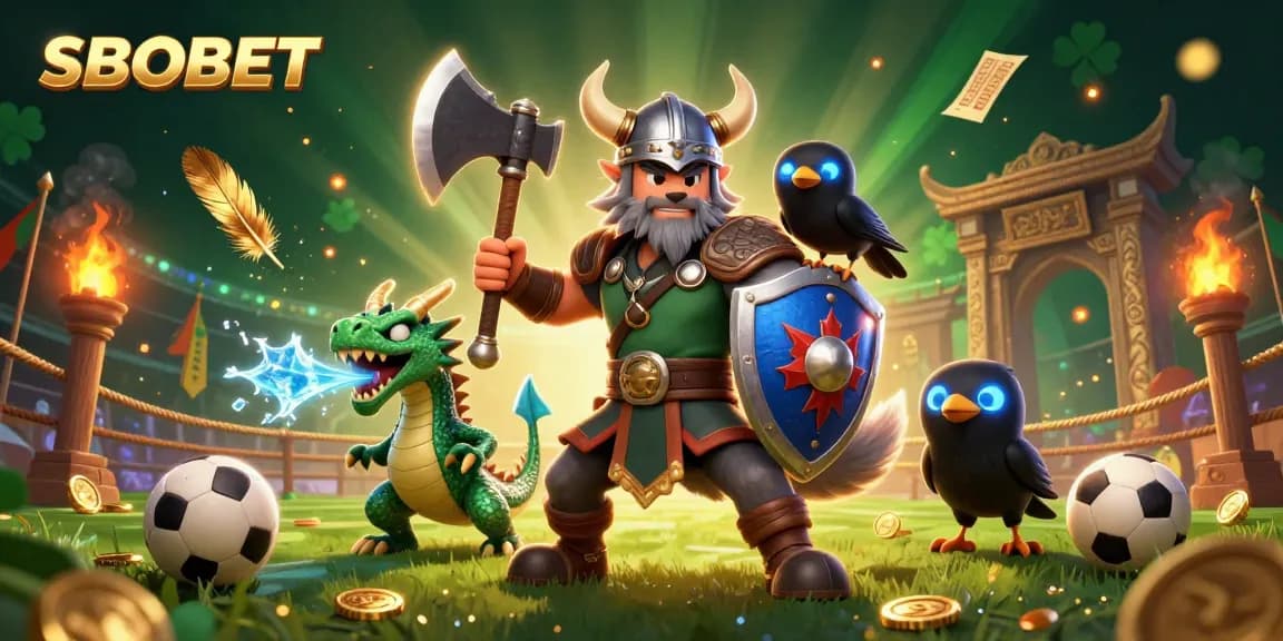 SBOBET offers dynamic sports betting with illustrated Viking warrior, dragon, and raven in a vibrant scene.