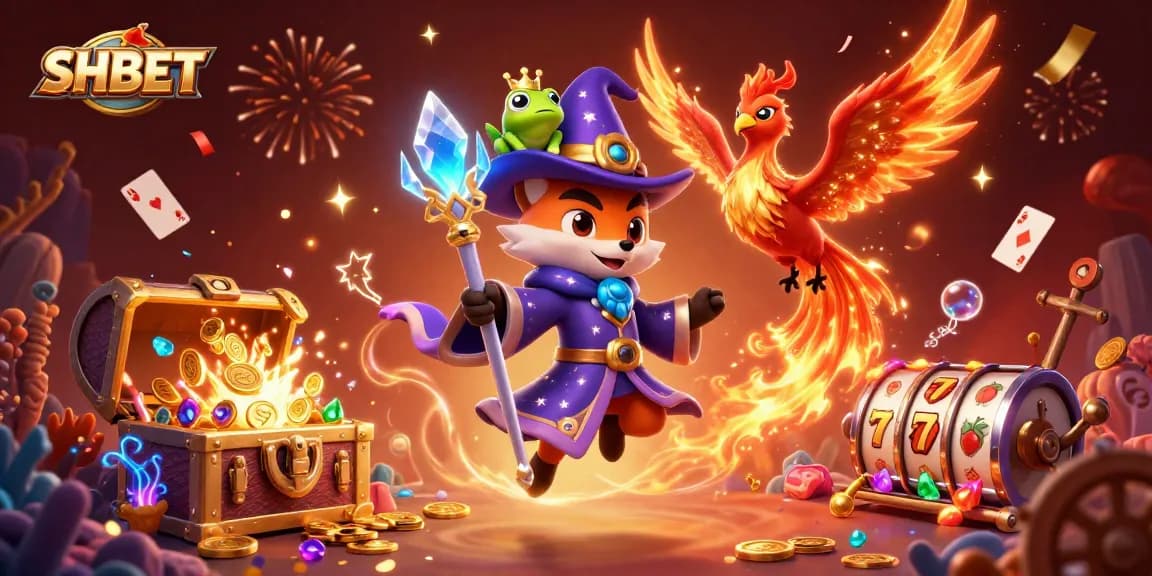 Experience the thrilling world of SHBET with a mystical wizard fox, phoenix, and engaging casino elements.