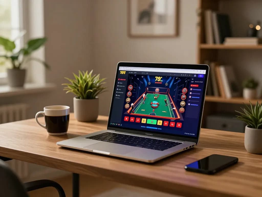 Engaging online gaming experience on 789f.com with a laptop, showcasing live dealer action in a cozy home office