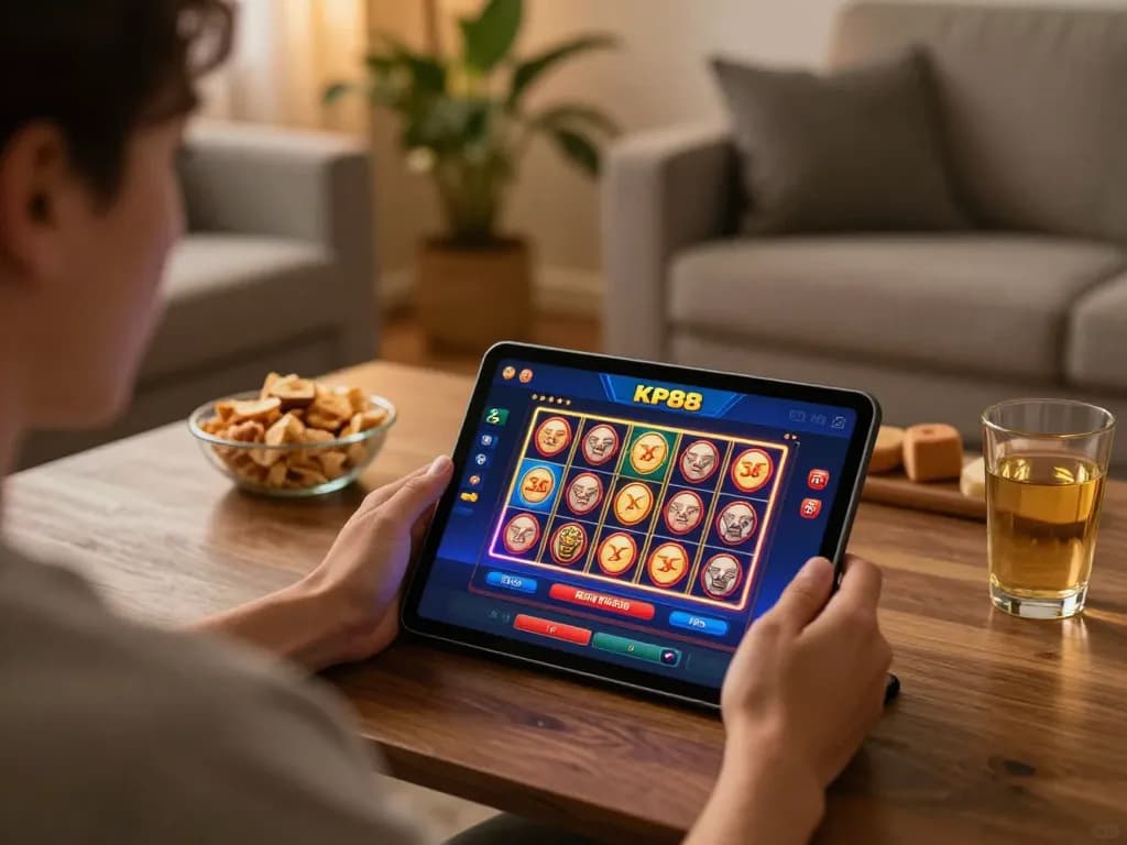 Player engaging with KP88 casino app on tablet in a cozy home setting while enjoying snacks.