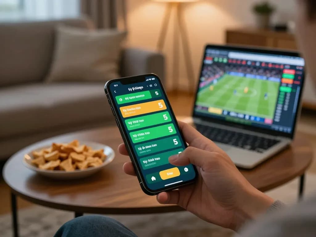 Tỷ lệ kèo nhà cái 5 displayed on a mobile app during an exciting sports betting session at home.