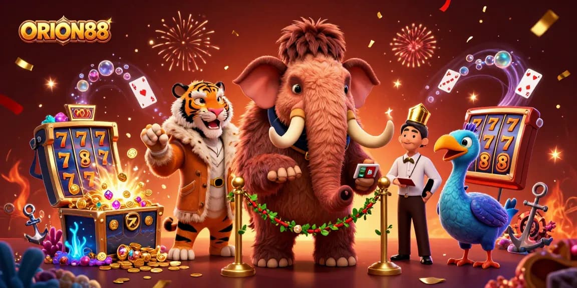 Win big at ORION88 with a thrilling 3D casino adventure illustration featuring vibrant characters.