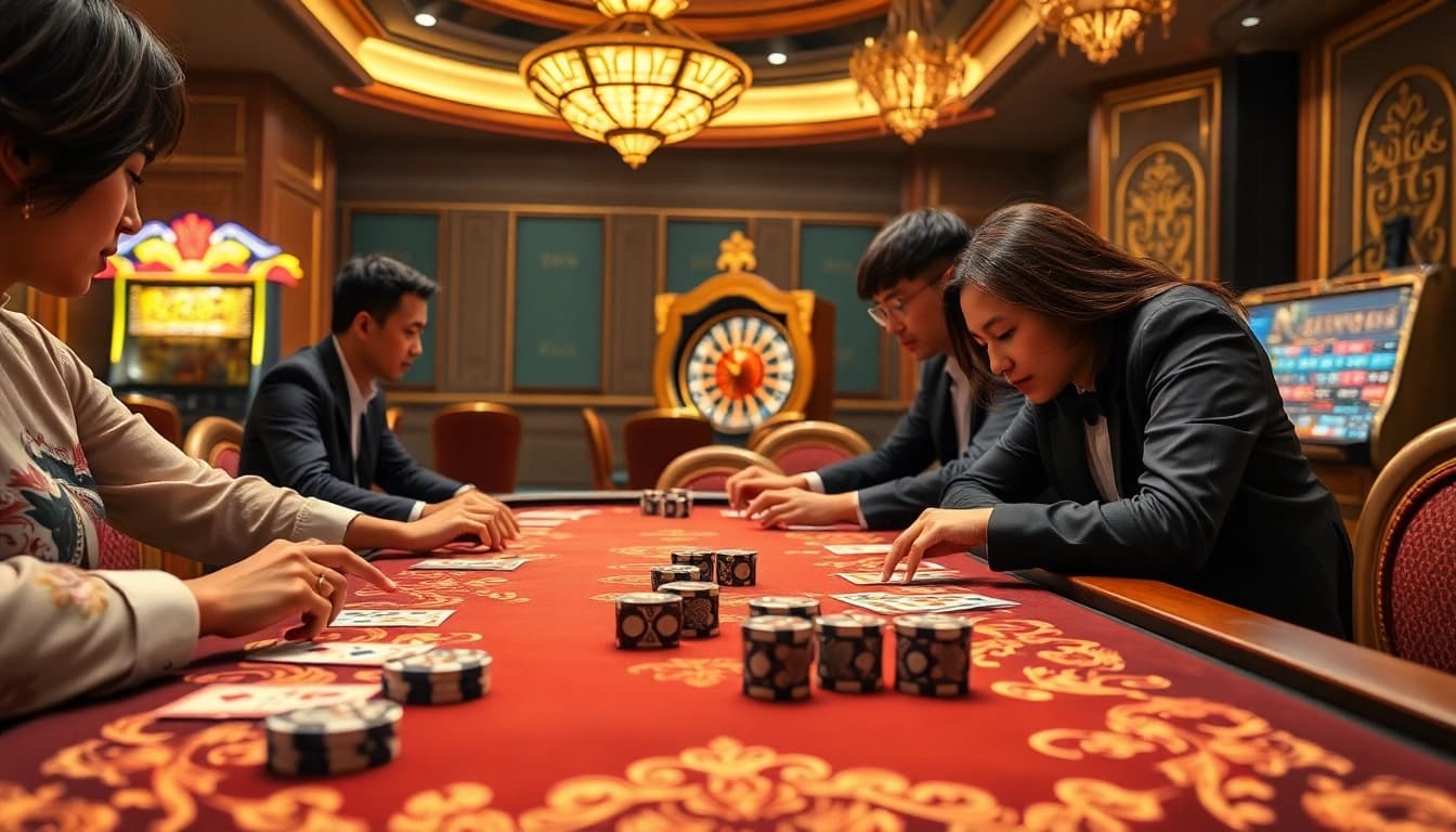 Tài xỉu md5 players engaged in an exciting game at a luxurious casino table.