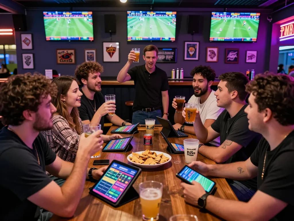 Friends enjoying sports betting experience with debet app at a lively sportsbook bar.