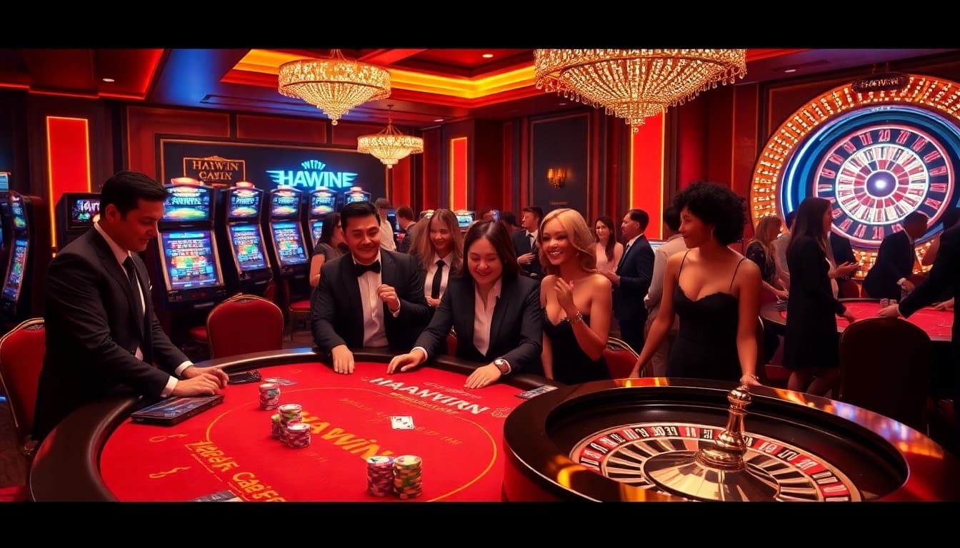 HAYWIN casino scene showcasing thrilling gameplay at luxurious poker tables and slot machines.