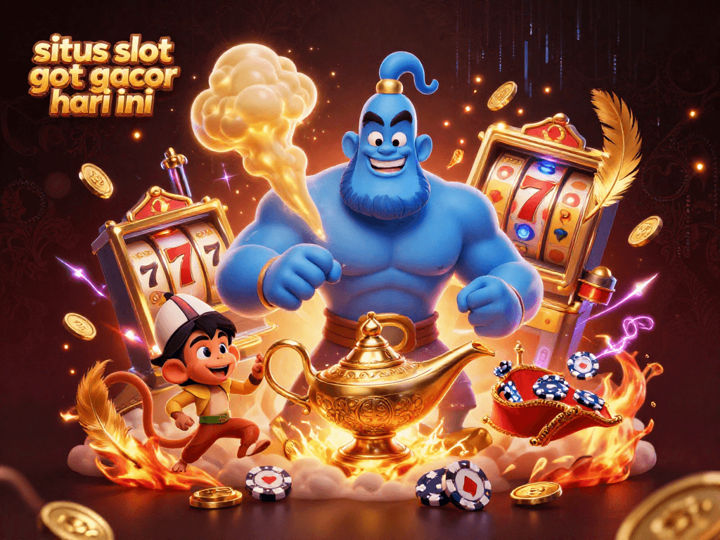 Engage with situs slot gacor hari ini showcasing a magical genie, monkey, and a flying magic carpet loaded with poker chips amidst captivating casino elements.