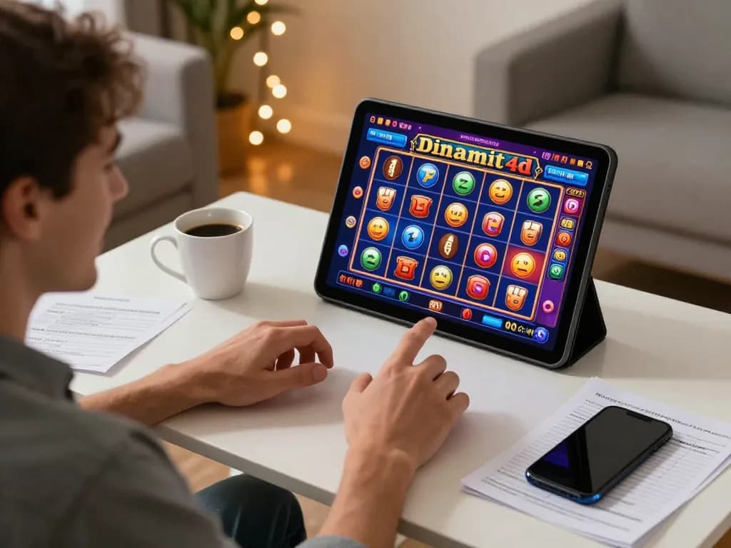 Engaging home gambling scene with a player enjoying dinamit4d slots on a tablet, capturing strategic notes.