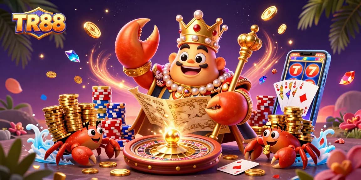 Experience the thrilling world of TR88 casino games with a vibrant illustration featuring a golden crab emperor and colorful gaming elements.