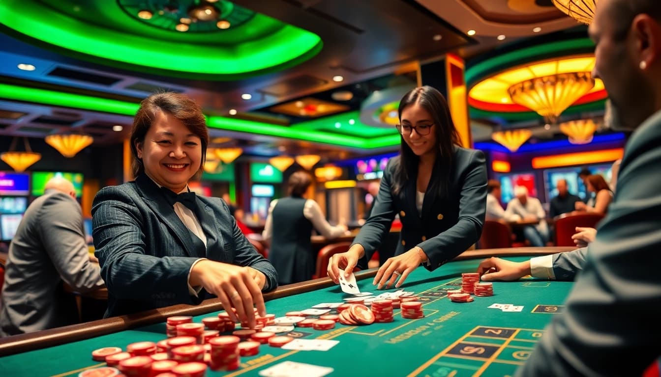 Casino spielen erleben in einem eleganten Ambiente mit fröhlichen Spielern und einem freundlichen Dealer.