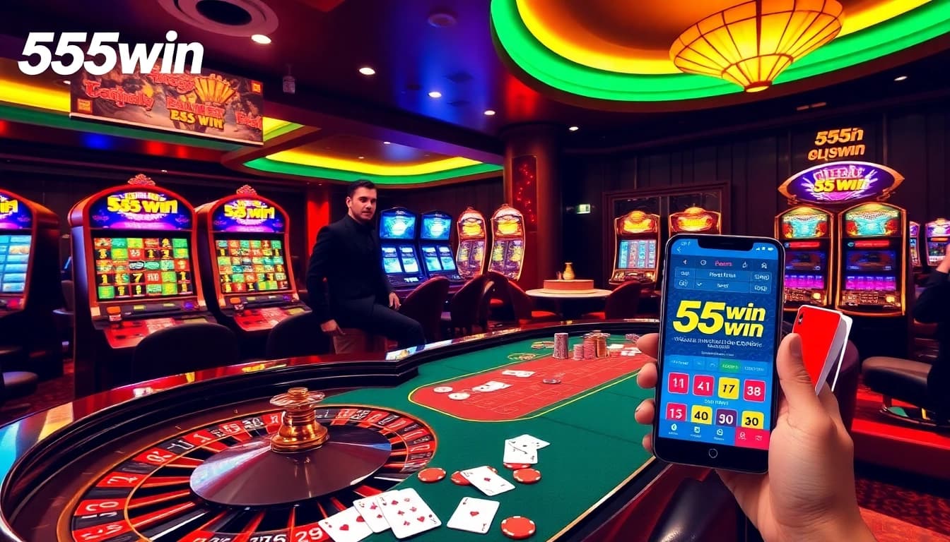 Players enjoy the thrilling gambling experience at 555win casino with poker chips and roulette wheel.