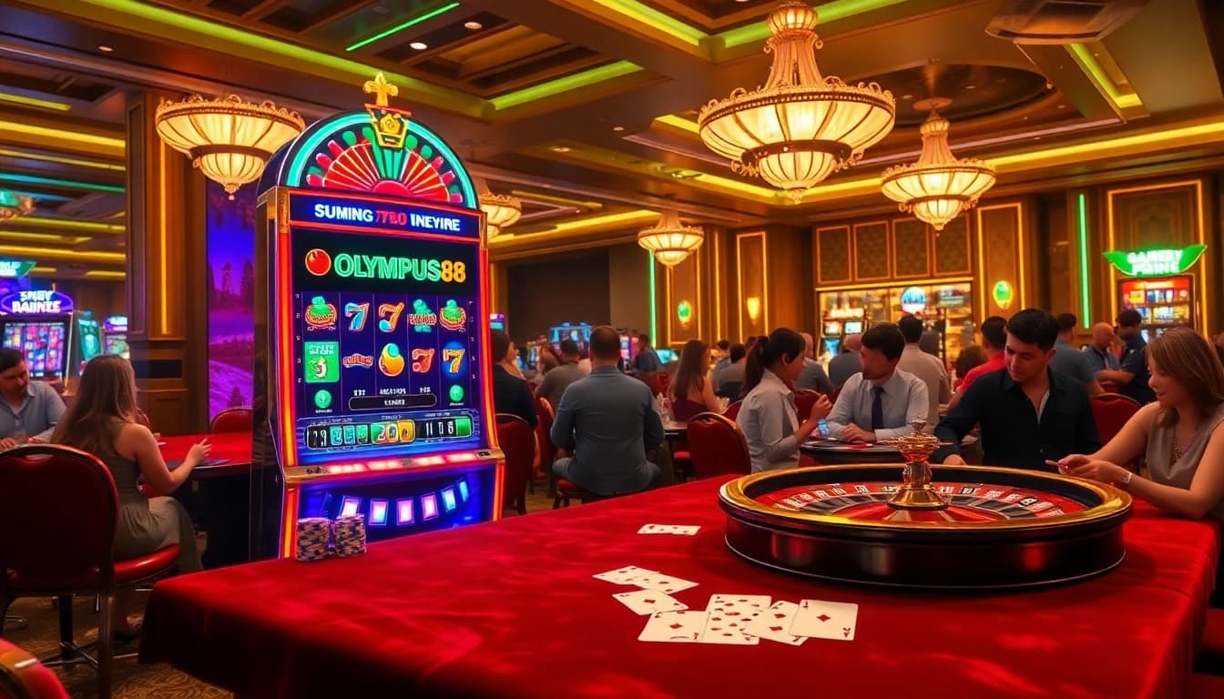 Engaging scene at OLYMPUS88 casino with vibrant slot machines and excited players.