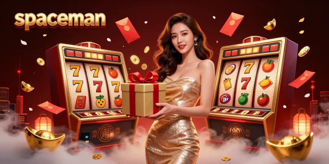 Interact with the spaceman slot game featuring a gorgeous woman celebrating wins with golden coins and festive decorations.