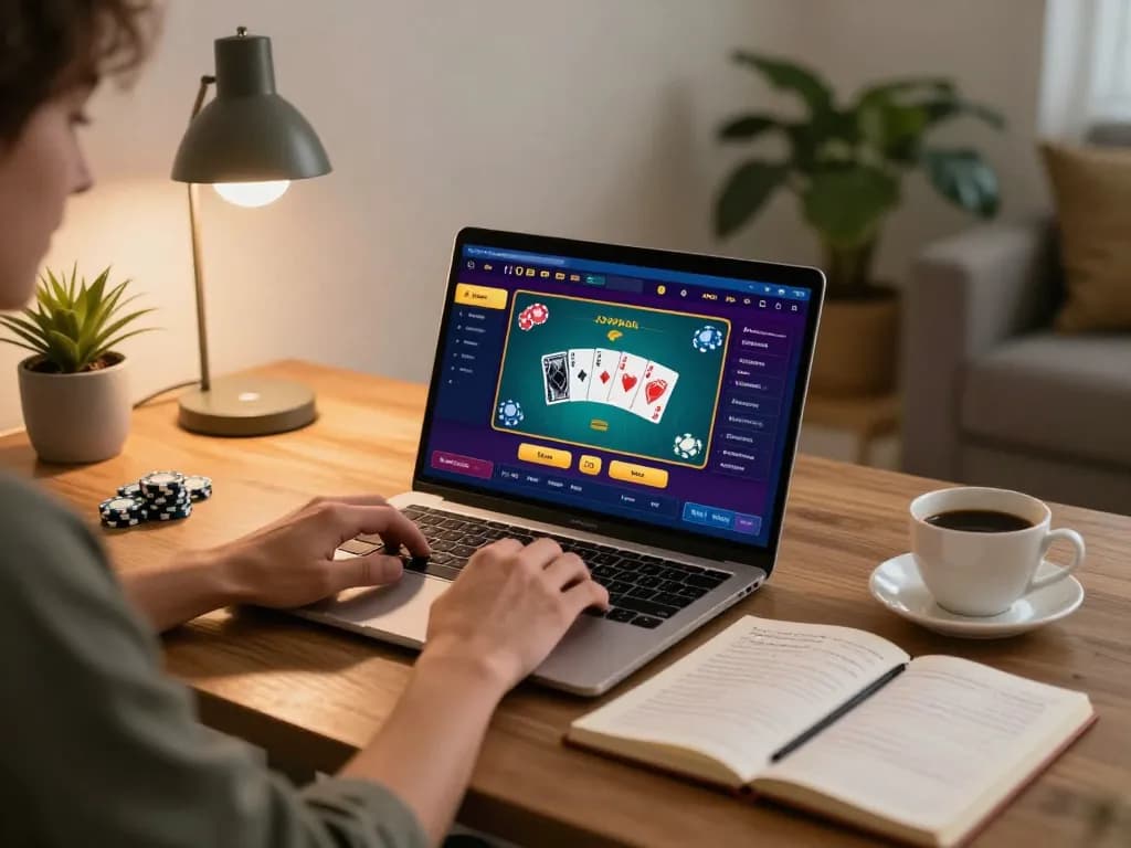 shbet gameplay on laptop showcasing poker strategy and chips in a cozy home setting