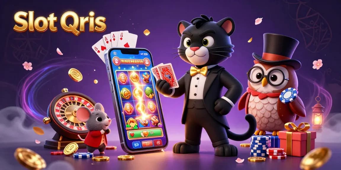 Immerse in Slot Qris, where a stylish black panther deals cards among colorful slot game elements.