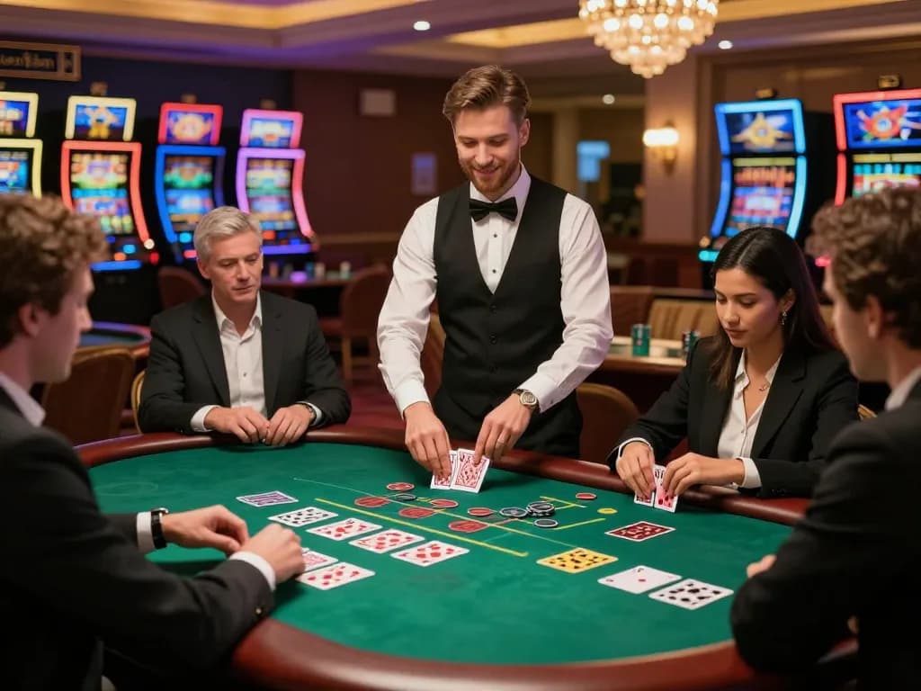 Players engaging at blackjack table in upscale casino setting, showcasing soc88 for strategic gameplay experience.