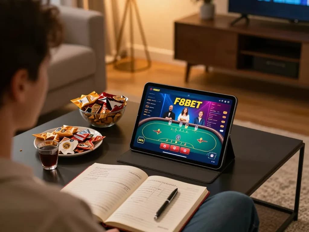Gambling on the F8BET app in a cozy home environment, showcasing gaming strategy and entertainment