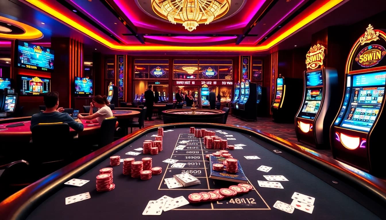 Players enjoying a thrilling game at 58WIN Com casino tables with vibrant lighting and excitement.