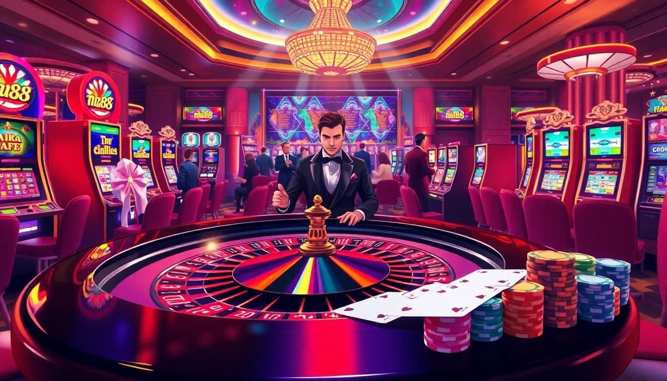 Experience the thrill of nk88 with players enjoying roulette and vibrant slot machines in a luxurious casino atmosphere.
