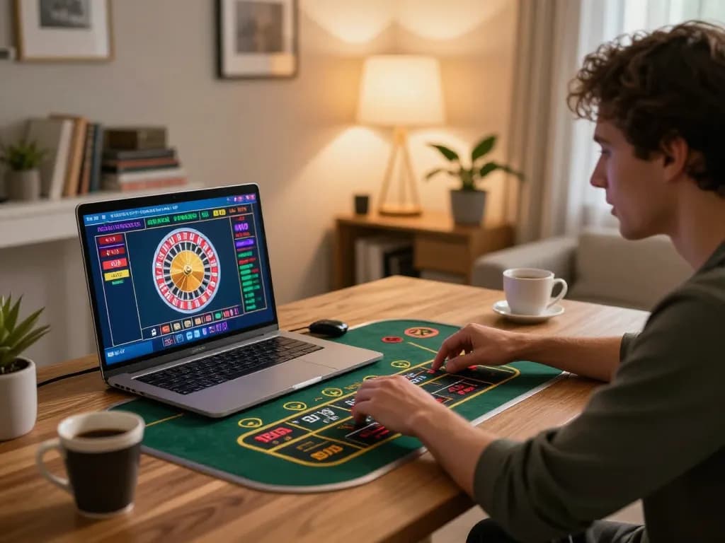 Engaged player using MM88 online casino platform for live roulette, illustrating interactive gaming.