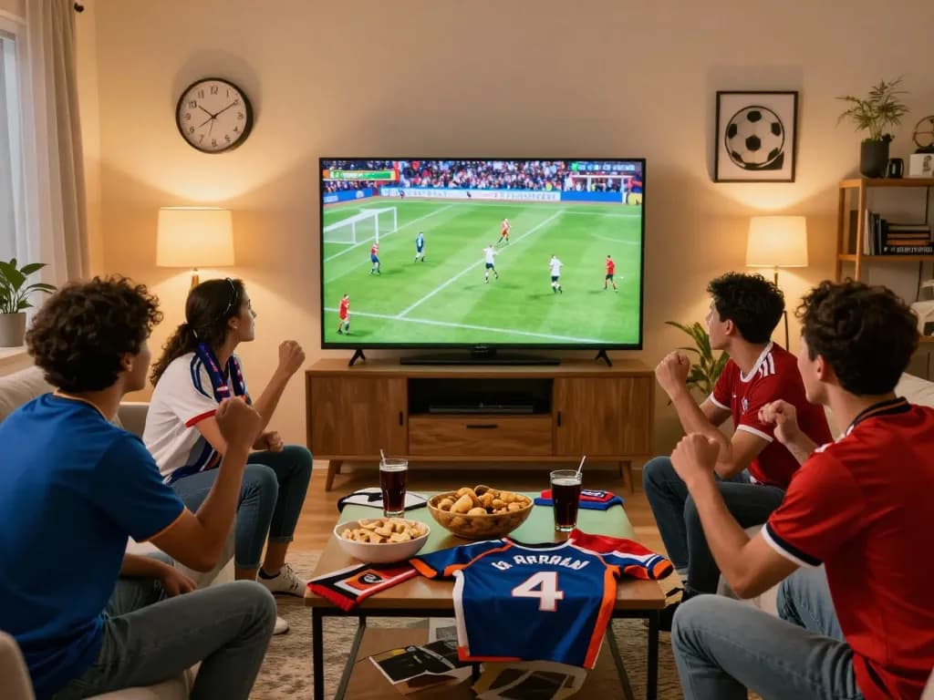 Experience xem bóng đá cakhia tv with excited fans watching a live football match in a lively home setting.