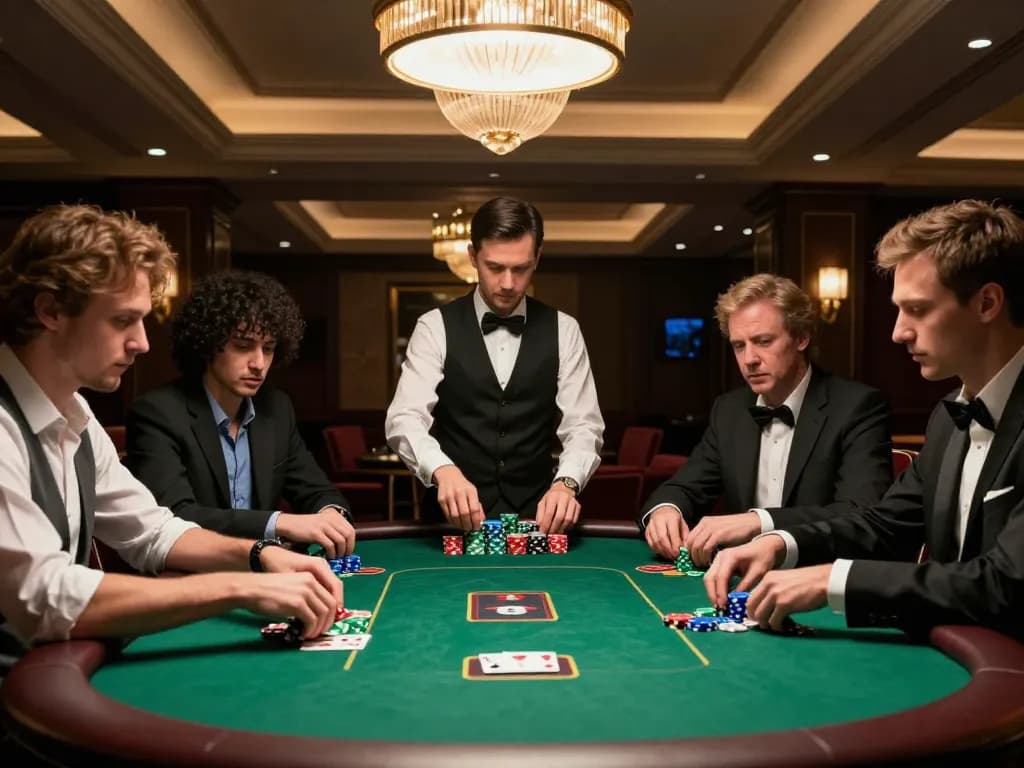 This image shows a high-stakes poker game at https://nhatvip1.jp.net/, capturing players engaged in strategic gameplay with vibrant chips and tense atmosphere.