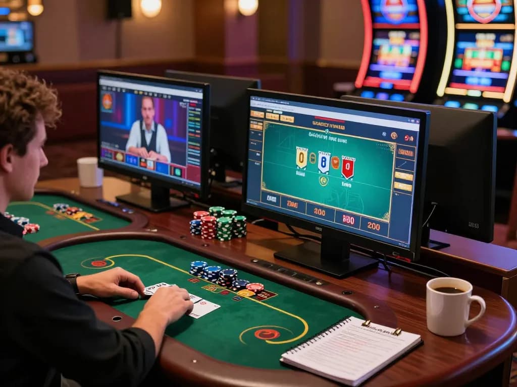 Engaged player strategizing with tx88 gameplay on multiple screens in a sophisticated online casino setting.