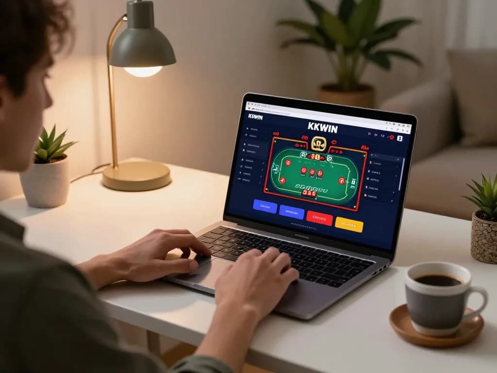 A player engages in KK WIN poker game using a sleek online casino app on their laptop.