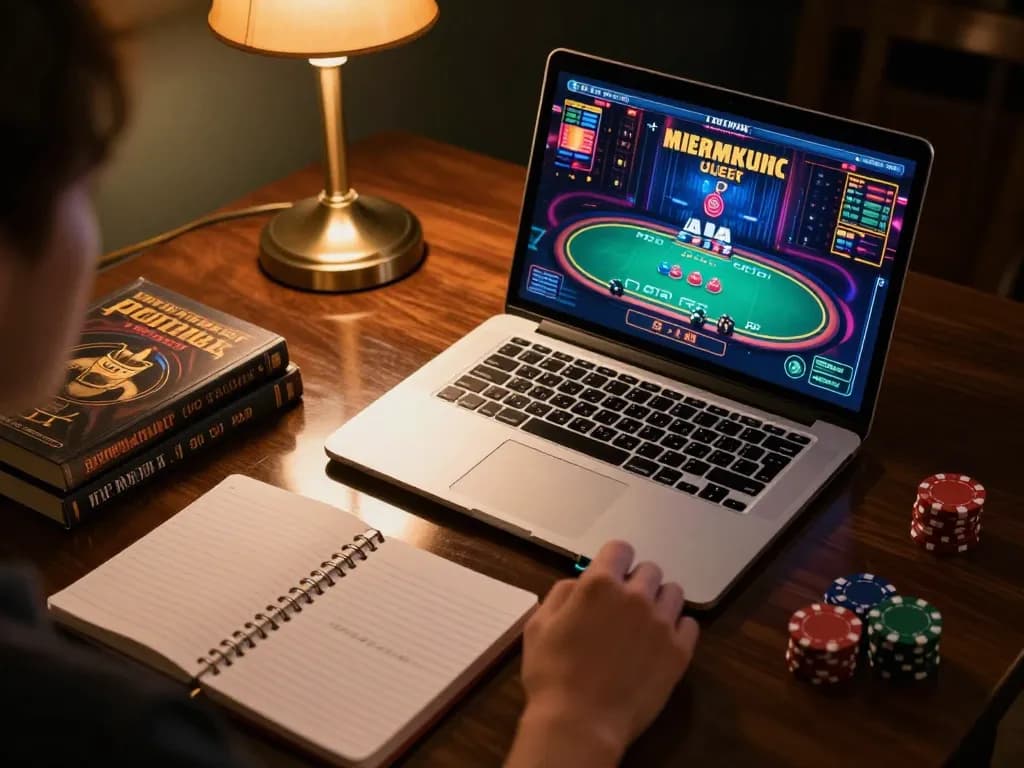 VIN88 player engaged in online poker, focused on laptop strategy and gaming environment.