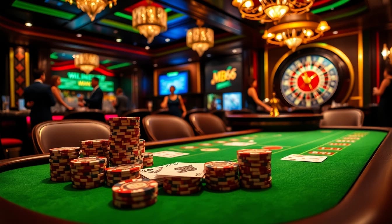 Engaged players enjoying a poker game at the luxurious MB66 casino.