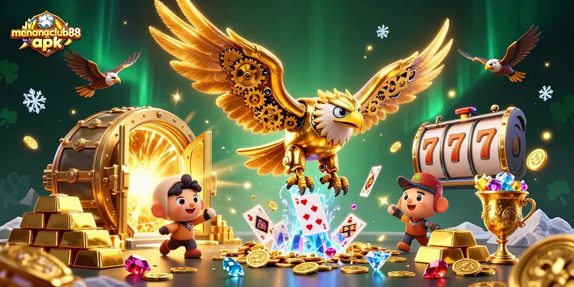 Engage with the thrilling menangclub88 apk as golden treasures and holographic cards fill the scene.