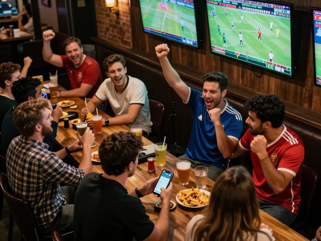 Kèo nhà cái hôm nay: Exciting moment of a sports betting enthusiast placing bets during a live game at a bar