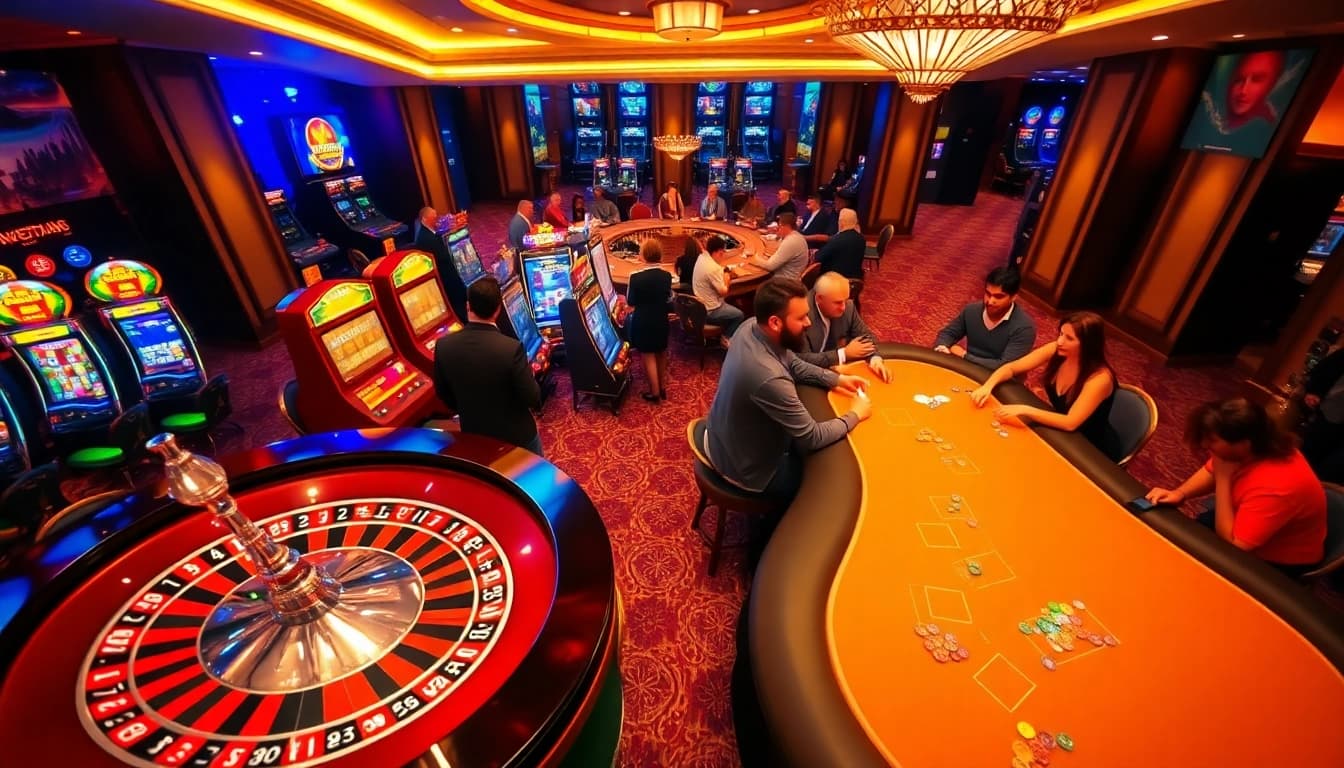 Experience the thrill of RTP Live gambling at a luxurious casino with vibrant slot machines.