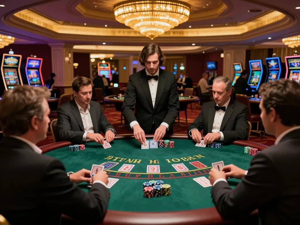 People playing blackjack at a lively kp88 casino table, showcasing strategic gameplay and excitement.