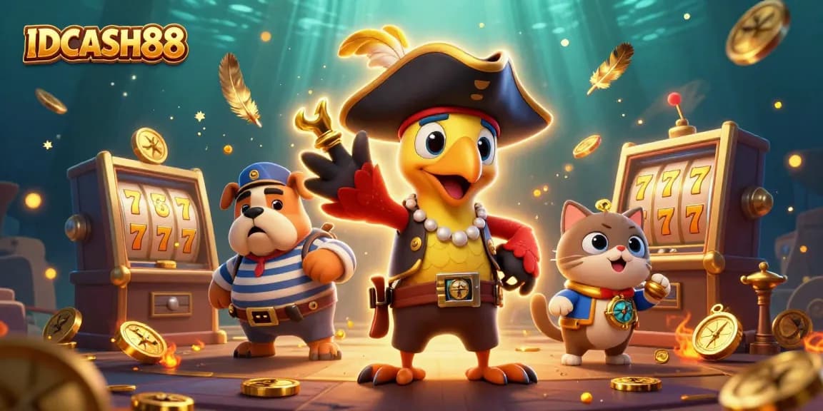 Spin the reels at IDCASH88 with an adventurous pirate crew surrounded by gold coins and vibrant slots.
