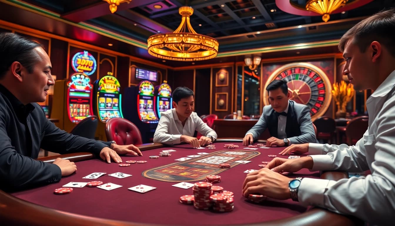 A thrilling poker game at 789club showcasing players strategizing with colorful chips and cards.