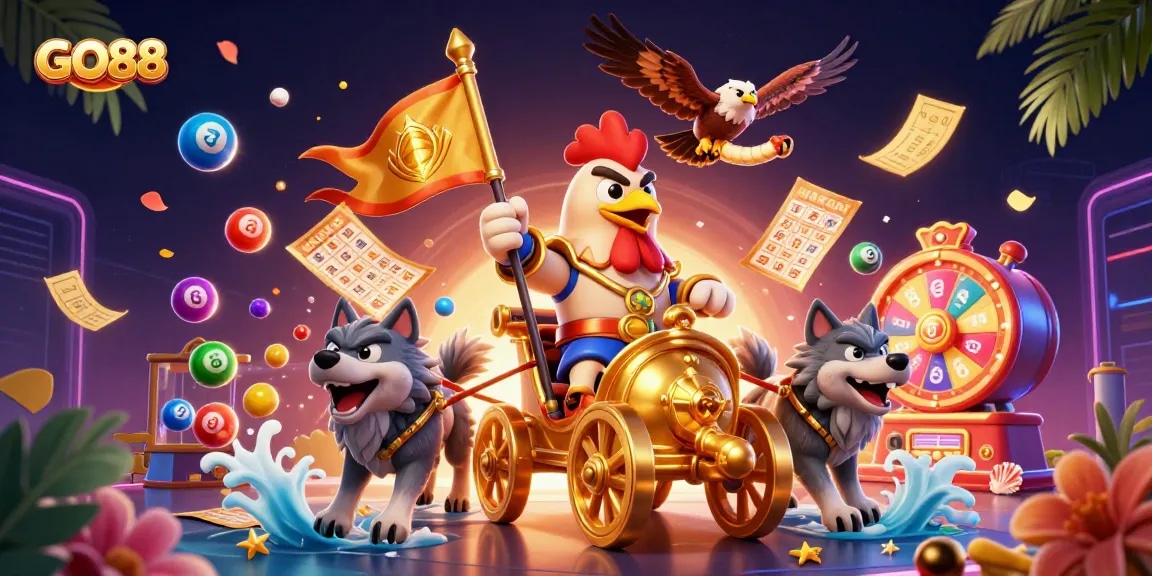 GO88 warriors celebrate big wins with colorful lottery elements, dynamic action, and festive designs