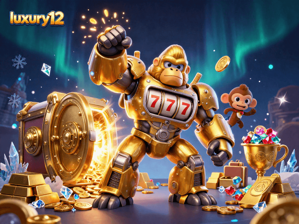 Menang besar dengan luxury12, slot jackpot berkilau dan karakter mekanik gorila berwarna emas.