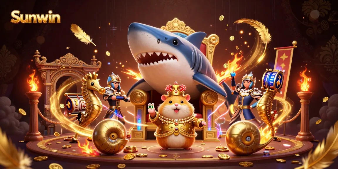 Experience the thrill of Sunwin's gameplay featuring a golden hamster king with a roaring backdrop of casino brilliance.
