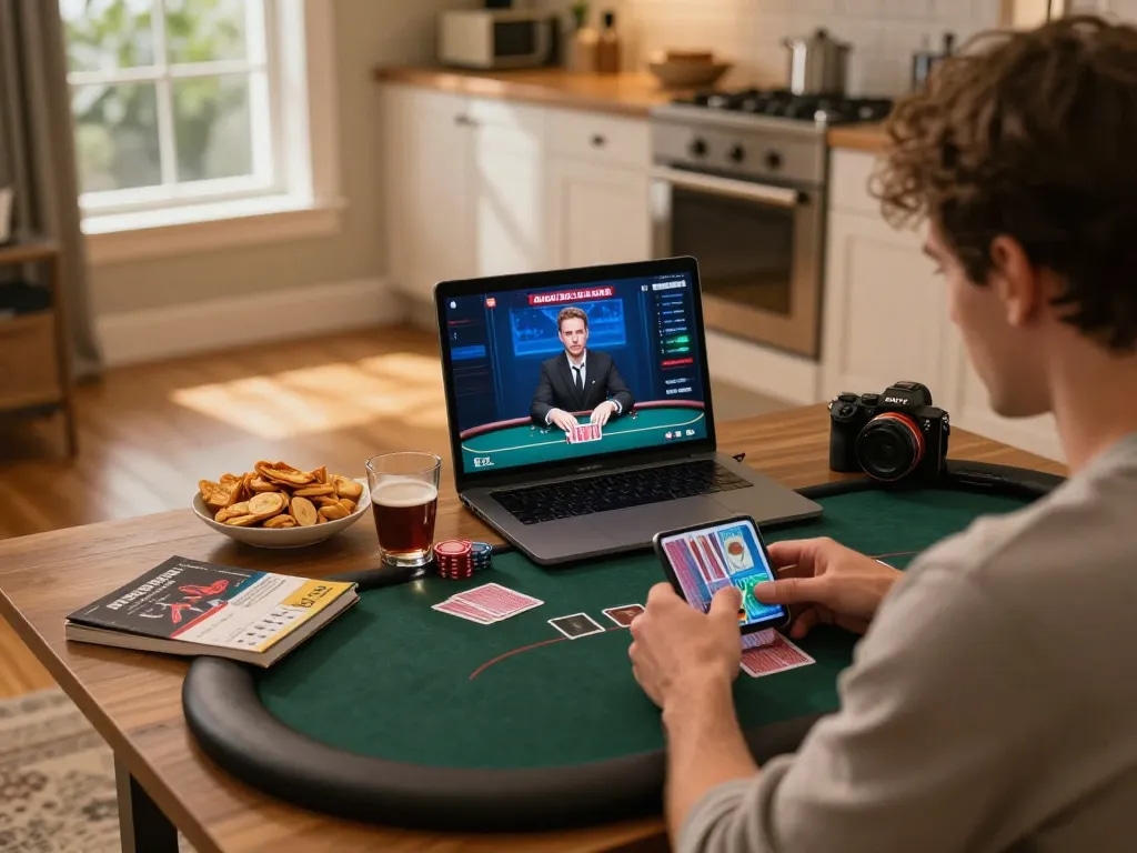 VT88 player engaging in online poker while strategizing with snacks nearby.