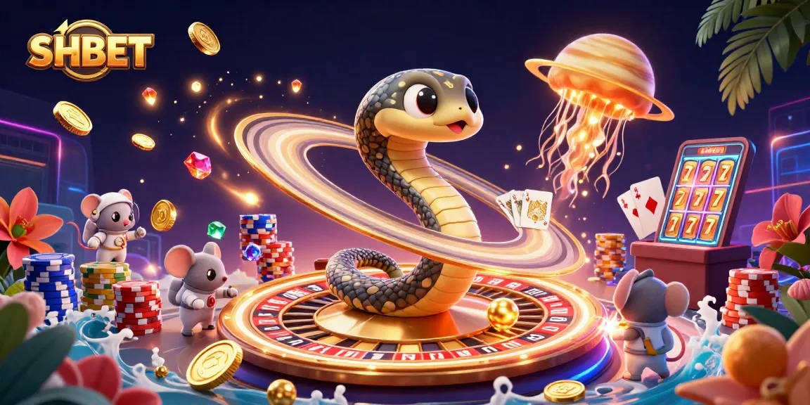 Engage in thrilling bets at SHBET with captivating cosmic casino illustration featuring vibrant elements.